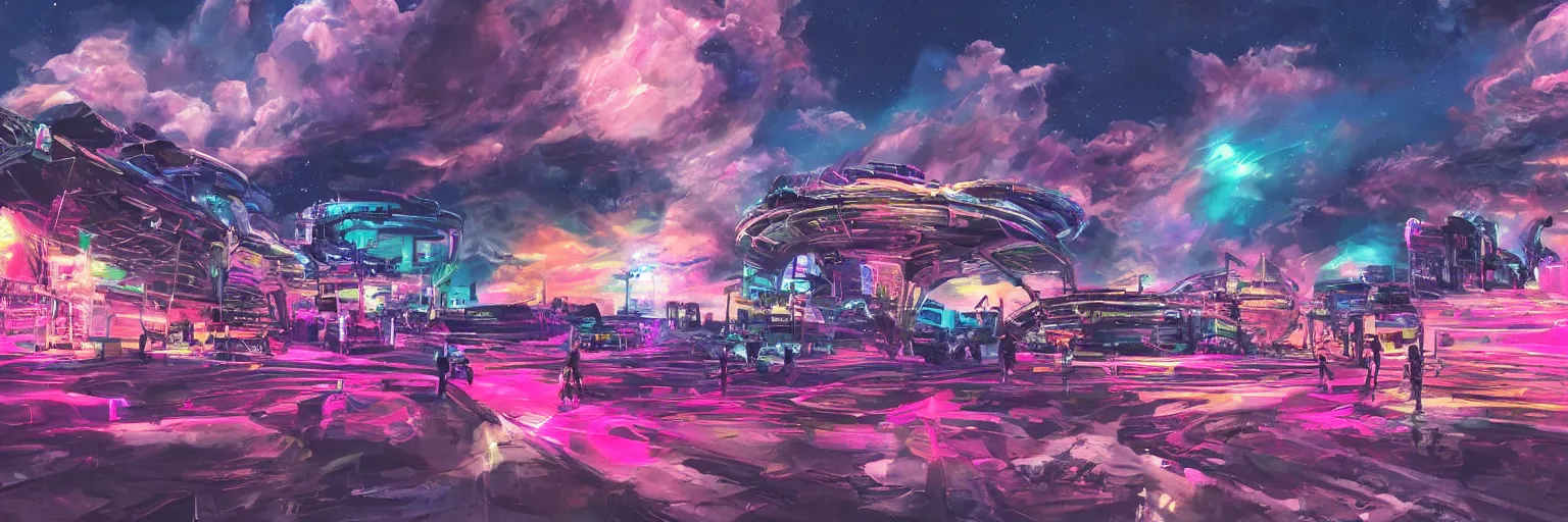 Prompt: oil painting, the middle view, spase dogs and punks running with neon mohawks, space, dark, stars, pink, pirate neon ship with punks on board, neon, rich deep colors masterpiece, ultra detailed, contrast, lots of roman arches, clouds, sky, volumetric light, atmospheric lighting, dramatic, cinematic, moody, octane render 4 k, 8 k