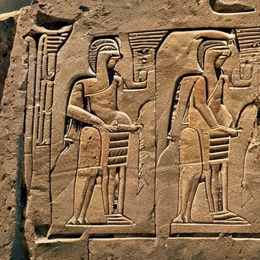 Image similar to ancient hieroglyphs from an alternate universe carved in stone just discovered at a archeological site