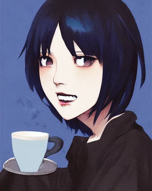 Image similar to touka kirishima from tokyo ghoul as a barista, in a coffee shop, dark blue hair, modern fashion, half body shot, photo by greg rutkowski, female beauty, f / 2 0, symmetrical face, warm colors, natural indoor lighting, depth of field