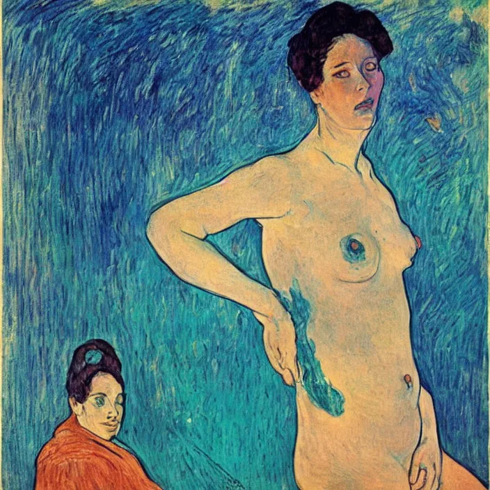 Image similar to portrait of a island woman. indigo blue, turquoise. henri de toulouse - lautrec, ferdand hodler, egon schiele, gauguin, kathe kollwitz