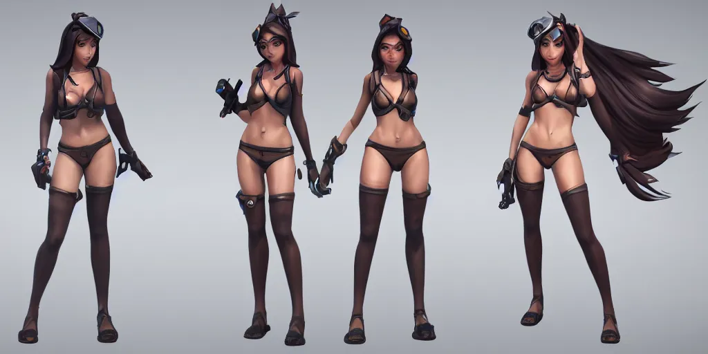 Prompt: rendered character sheet of Pool party Caitlyn in the game League of Legends, unreal engine 5 3d trending on art station