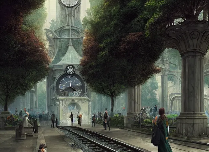 Prompt: A train subway inside a beautiful elven city made of white marble, anime, lush trees, fountain, statue, big clock, trains, a fantasy digital painting by Greg Rutkowski and James Gurney, trending on Artstation, highly detailed