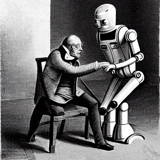 Prompt: robot attacking an old man , old photograph , 1824 , 4k , HD , realistic