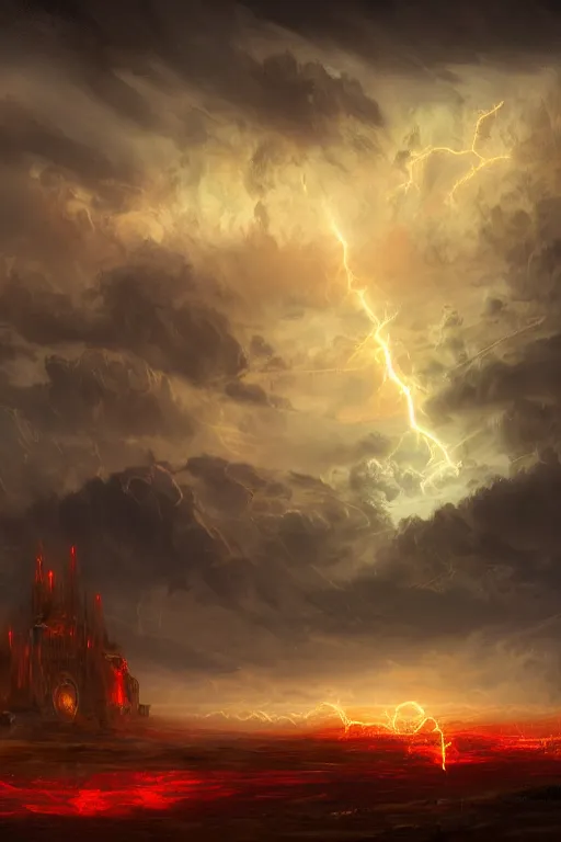 Image similar to breathtaking digital painting of a storm with dozens flying swords of light, in golden clouds in a desert castle, strokes of mist and scarlet ribbons, german romanticism style, volumetric lighting, concept art, matte, sharp focus, art by celestialfang, matchach, juanmao, dustin panzino, trending on artstation