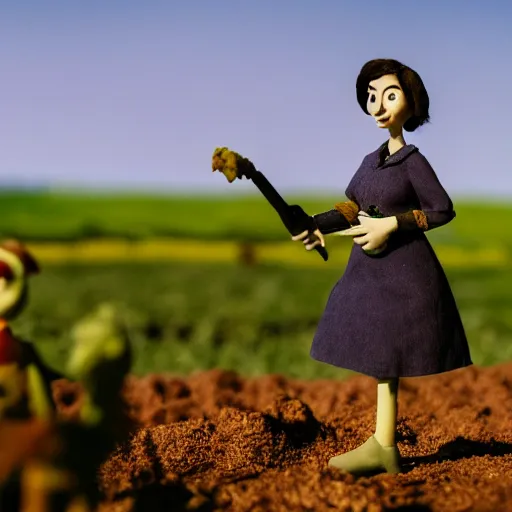 Prompt: a cinematic film still of a claymation stop motion film starring anne hathaway as female farmer with pitchfork, shallow depth of field, 8 0 mm, f 1. 8