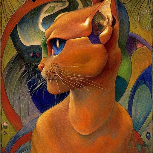 Prompt: masterpiece painting of a mechanical cloisonne cat head sculpture, by annie swynnerton and diego rivera and janet fish and nicholas roerich and jean delville, symbolist, dramatic lighting, god rays, art brut, rich colors, smooth, sharp focus, extremely detailed, adolf wolfli and ( donato giancola and bilibin )