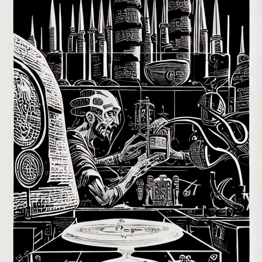 Image similar to ancient alchemist wizards laboratory, high details, lineart, by vincent di fate, inking, 3 color screen print, masterpiece, trending on artstation, sharp, high contrast, hyper - detailed, hd, 4 k, 8 k