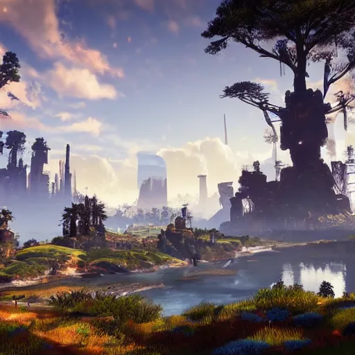 Image similar to A Landscape with a city in the style of horizon zero dawn