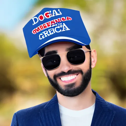 Image similar to doge wearing a make america great again cap, realistic, 8 k,