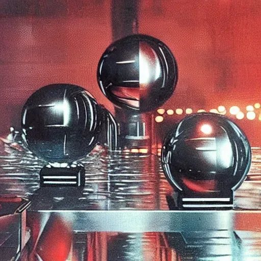 Prompt: chrome spheres on a red cube, blade runner 1982