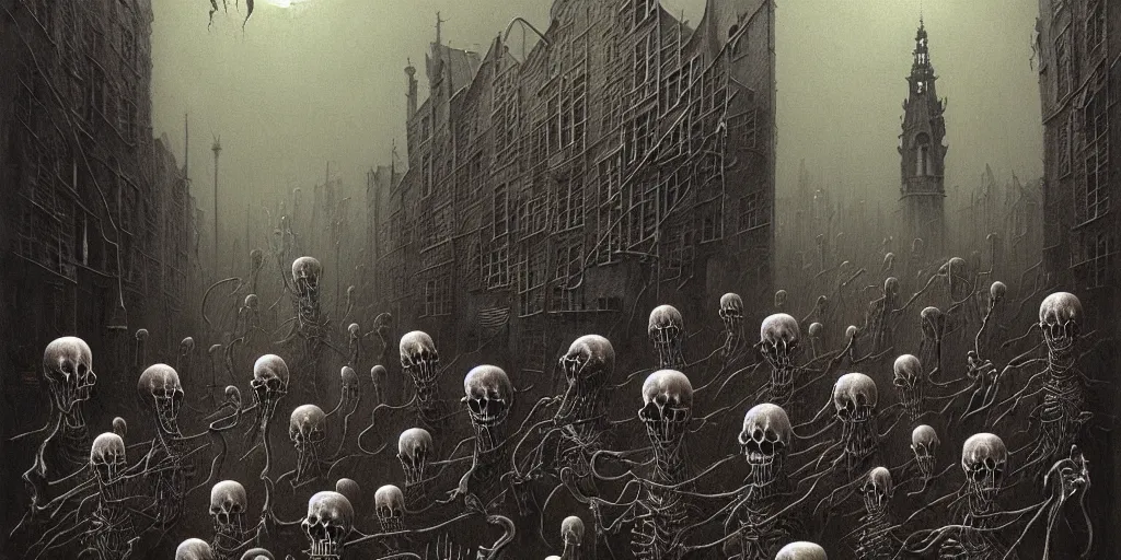 Prompt: painting of catlike creatures with surrealistic morphed skeletons roaming the streets of Amsterdam, Zdzislaw Beksinski, Wayne Barlowe, Joe Fenton, gothic, cosmic horror, biomorphic, lovecraftian, amazing details, cold hue's