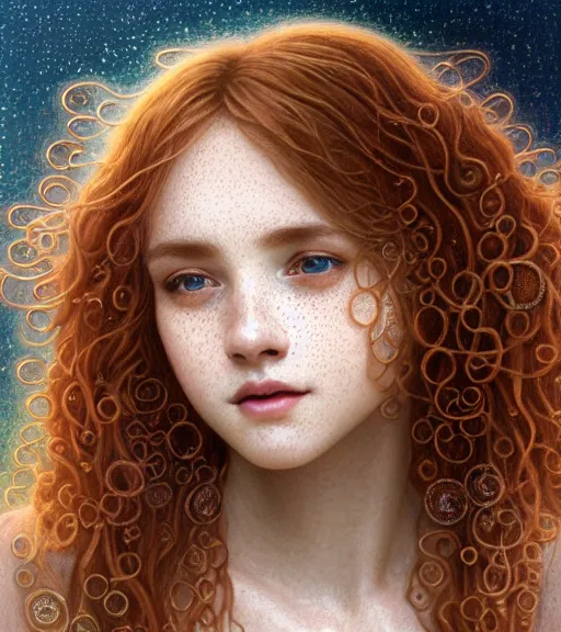 Prompt: portrait of teenage aphrodite, light freckles, curly copper colored hair, smiling kindly, wearing an embroidered white linen dress with lace neckline, intricate, elegant, mother of pearl jewelry, glowing lights, highly detailed, digital painting, artstation, concept art, smooth, sharp focus, illustration, art by wlop, mucha, artgerm, and greg rutkowski