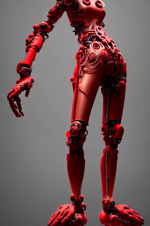 Image similar to a statue made of red marble, of an beautiful chinese girl, full body shot, perfect body, white red biomechanical, inflateble shapes, wearing epic bionic cyborg implants, masterpiece, intricate, biopunk futuristic wardrobe, vogue, highly detailed, artstation, concept art, background galaxy, cyberpunk, octane render