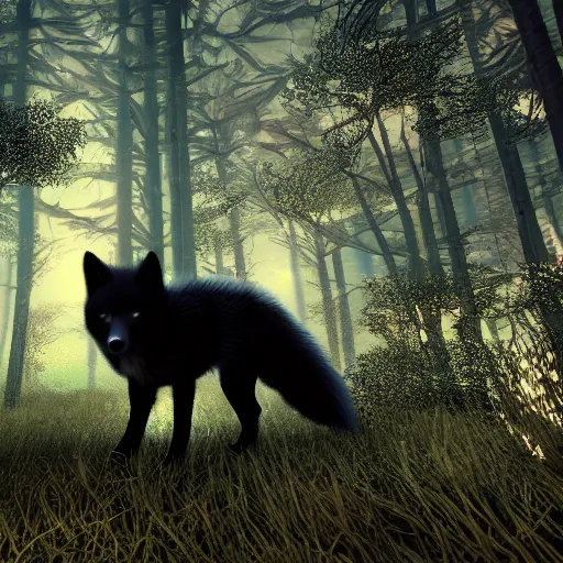 Image similar to second life game screenshot of a fluffy black fox close up beautiful and amazing fantasy forest at night, octane engine, 4 k screenshot