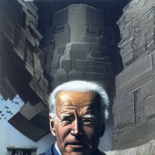 Image similar to portrait of immense, majestic, surreal, terrifying joe!!!! biden!!! crushing the city, perfectly clear face, by j. c. leyendecker, bosch, and beksinski