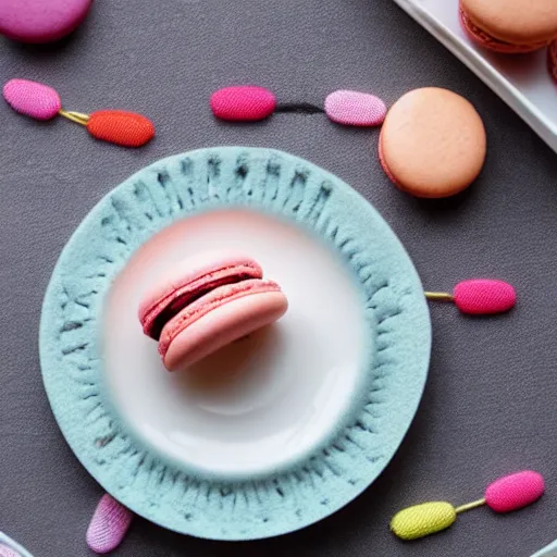 Prompt: macaron needle pillow with many needles on a plate