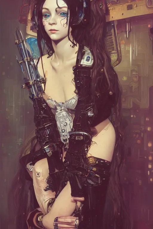 Image similar to portrait of beautiful young gothic maiden, cyberpunk, Warhammer, highly detailed, artstation, illustration, art by Gustav Klimt and Ilya Kuvshinov