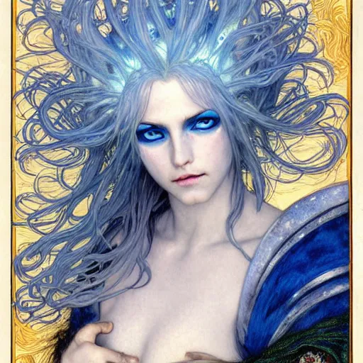 Image similar to head and shoulders portrait of a female lightning genasi with blue skin and white hair made of sirrus clouds, full white robes, medieval, fantasy, d & d, luis royo, klimt, alphonse mucha