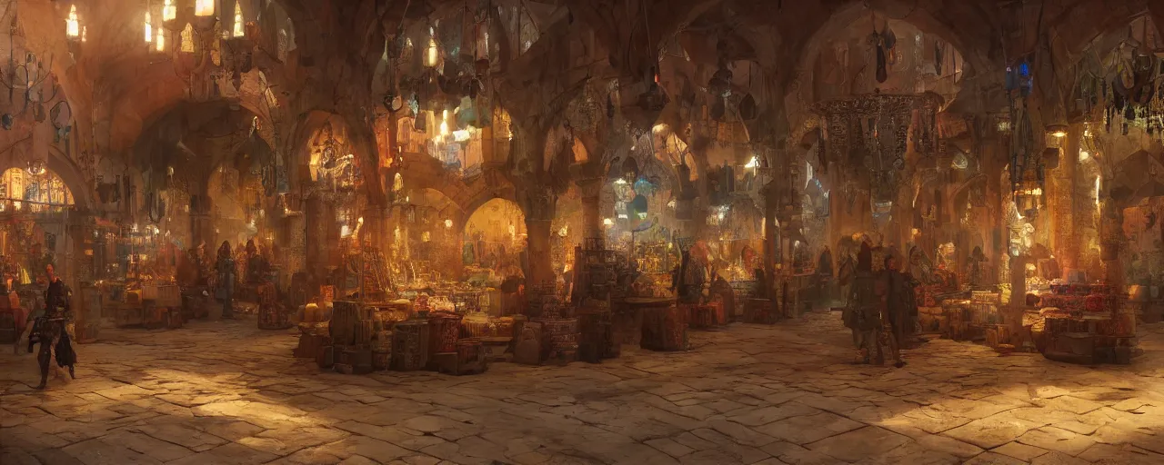 Image similar to inside of a medieval era bazaar, vaporwave aesthetics, 8 k uhd, unreal engine, octane render in the artstyle of finnian macmanus, john park and greg rutkowski