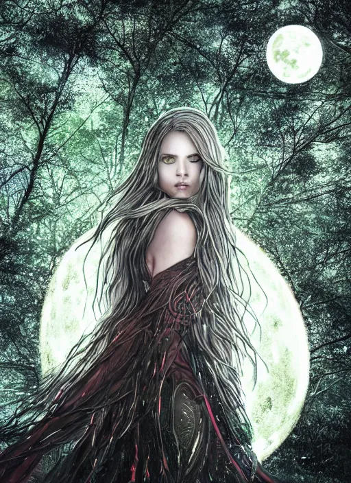 Image similar to glowing silver and golden elements, full close-up portrait, A beautiful dark witch in front of the full big moon, book cover, green forest, red white black colors, establishing shot, extremly high detail, foto realistic, cinematic lighting, pen and ink, intricate line drawings, by Yoshitaka Amano, Ruan Jia, Kentaro Miura, Artgerm, post processed, concept art, artstation, matte painting, style by eddie, raphael lacoste, alex ross