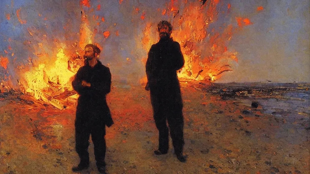 Image similar to high quality high detail painting by ilya repin, man standing in front of huge explosion, fire, flames, wind, hd