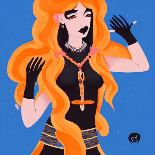 Image similar to illustrated portrait of ram-horned devil woman with blue bob hairstyle and her tangerine colored skin and with solid black eyes wearing leather by rossdraws