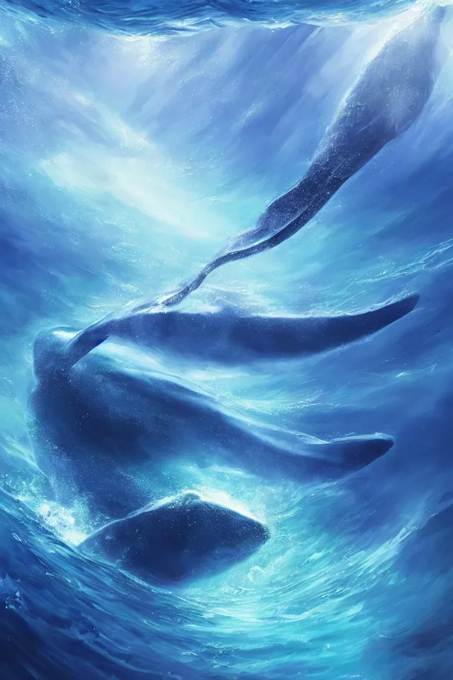 Image similar to a concept scene illustration depicting a blue whale at the bottom of the azure sea, with a crystal texture and a dreamy atmosphere ， super wide angle ， matte painting ， rtx on ， trending on cgsociety and artstation ，