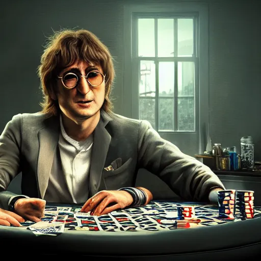 Prompt: john lennon playing poker, hyper detailed, dramatic lighting, cgsociety, realistic, hyper detailed, insane details, intricate, dramatic lighting, hypermaximalist, golden ratio, rule of thirds, octane render, weta digital, micro details, ultra wide angle, artstation trending, 8 k,