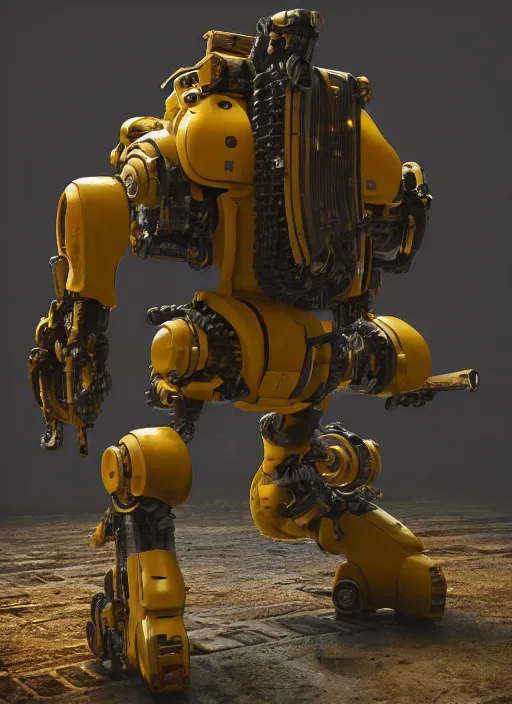 Image similar to a photorealistic dramatic hyperrealistic render of a futuristic exosuit power loader heavy machinery, ultra realistic details, glossy yellow, well worn, rust, oil stains by vitaly bulgarov and mike nash, beautiful dramatic dark moody tones and lighting, cinematic atmosphere, studio lighting, global illumination, shadows, dark background, octane render, 8 k