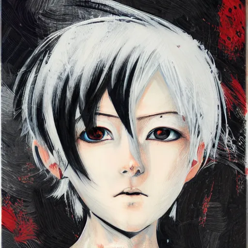 Image similar to Renaissance oil portrait of a manga girl with short white hair and black eyes in the style of Yoshitaka Amano, abstract black and white background, noisy picture, expressive brush strokes, old anime colour palette