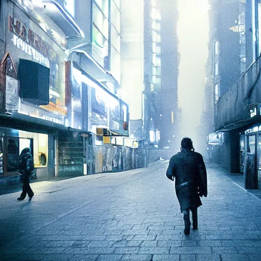 Image similar to jon snow walking on the sidewalk in a cyberpunk city late at night, wide - angle, photographed on colour expired film, detailed photograph