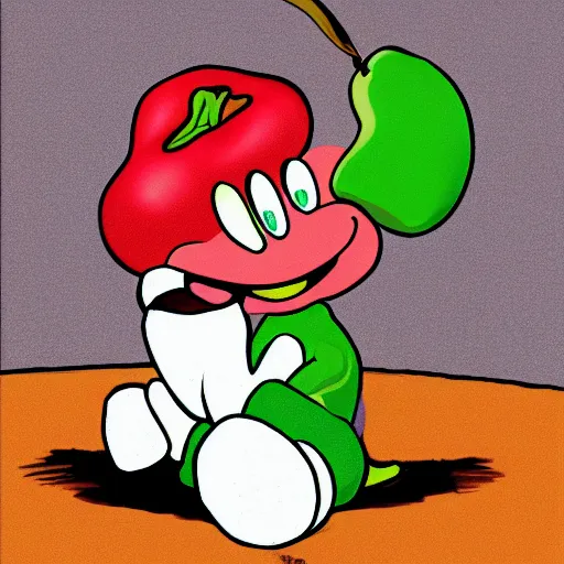 Prompt: cartoon of yoshi eating a pile of apples