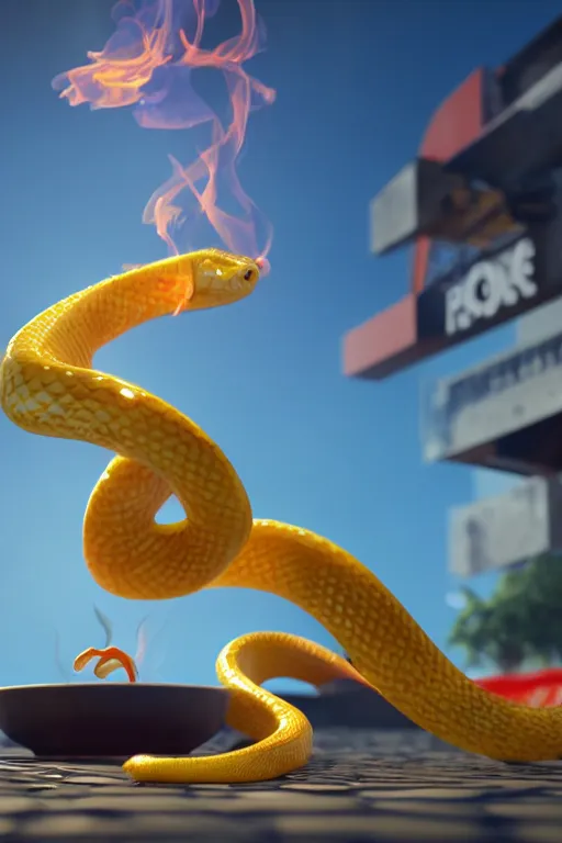 Prompt: a snake spitting fire and eating french fries in a mc donalds commercial, 4k sharp, 3d render , cinema4d by Beeple and pixar