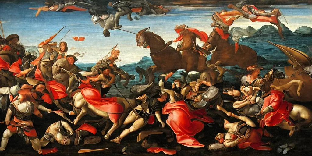 Image similar to renaissance-style painting of knights riding orcas on a battlefield in Italy, very dramatic atmosphere,