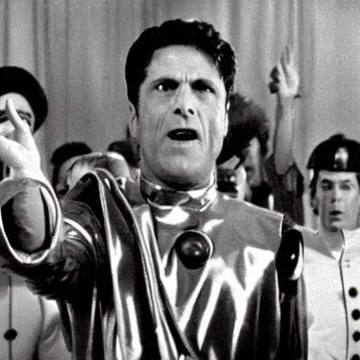 Prompt: A movie still of Mussolini wearing a disco suit in Satuday Night Fever