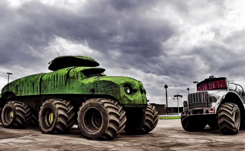 Prompt: monster truck schoolbus tank with turret in front of a school, dystopian, imax, dramatic clouds