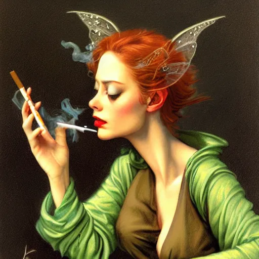 Image similar to fairy finds a cigarette, by gerald brom