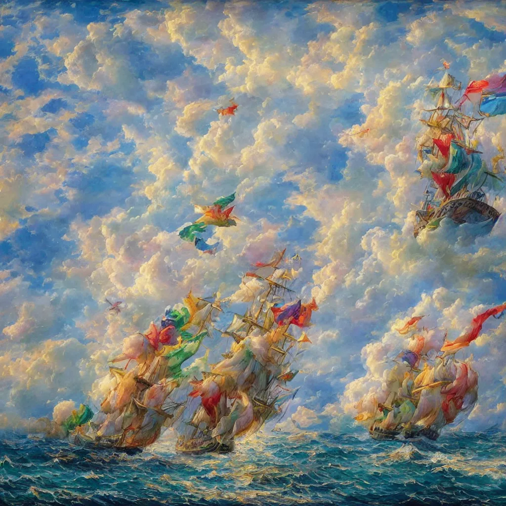 Prompt: 3d high relief painting of sea like jelly,Rainbow clouds like sheep floating lightly in the air, Sailing ship with flying flags,dreamy, soft , highly detailed, expressive impressionist style, in the style of Yuri Anatolyevich Obukhovskiy