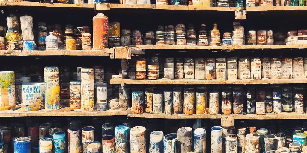 Image similar to extreme close - up of half empty shelves of a sundry shop at pulau indah fishing village, near a jetty, early morning, detailed matte painting, low angle view, telephoto lens, bokeh, studio ghibli, artstation