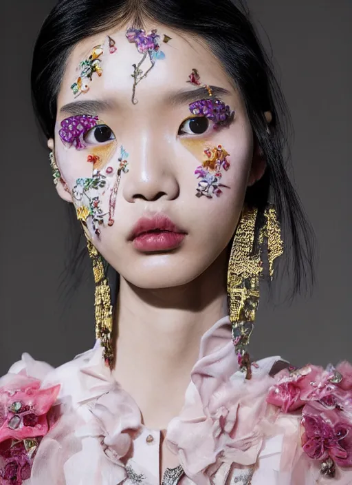 Prompt: A beautiful portrait of Ming Xi as a model at Valentino fashion show Milan Spring/Summer 2018, highly detailed, in the style of cinematic, Getty images, fashion week backstage, makeup by Pat Mcgrath, shot by Greg rutkowski