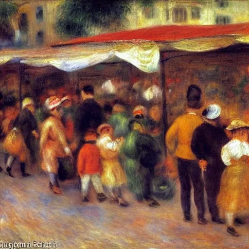 Image similar to Painting of a street market, portugal, by Renoir, Jean Béraud, busy, movement, impressionist, early morning, somber colours