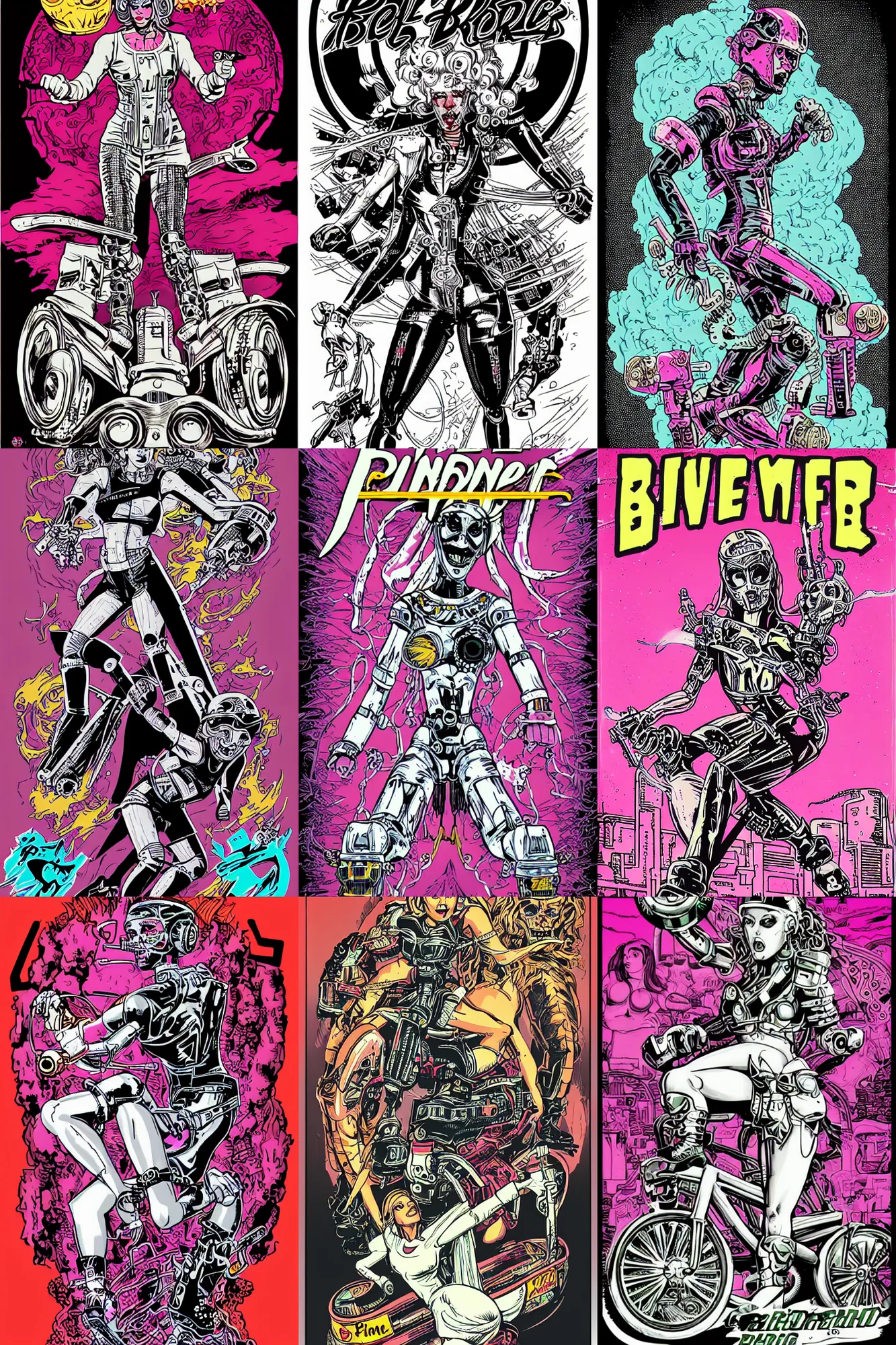 Prompt: bride of pinbot roller derby girl sprinting Cross-Over, full length portait, logo design by Philippe Caza