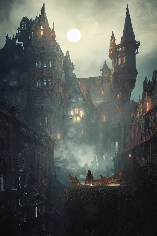 Image similar to a castle burning inside the reflection of a dragons eye by Greg Rutkowski, Sung Choi, Mitchell Mohrhauser, Maciej Kuciara, Johnson Ting, Maxim Verehin, Peter Konig, Bloodborne, macro lens, 35mm, 8k photorealistic, cinematic lighting, HD, high details, atmospheric,