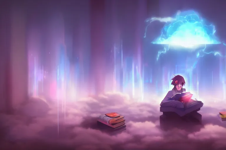 Image similar to an anime wizard reading a book on a cloud relaxing, misty, glows, digital art, hazy, foggy, ambient lighting, 8 k, neon, synthwave,