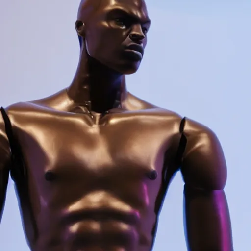 Image similar to a realistic detailed photo of a guy who is an attractive humanoid who is half robot and half humanoid, who is a male android, boxer and youtuber ksi, shiny skin, posing like a statue, blank stare, at the museum, on display