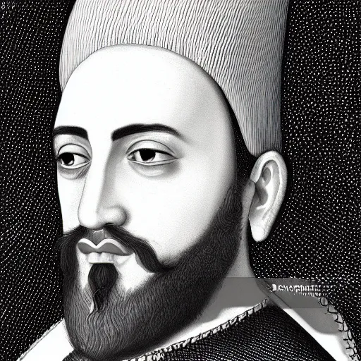 Image similar to a portrait of sultan suleiman the magnificent, focused gaze, art station, highly detailed, concept art, sharp focus, illustration in pen and ink, 4 k wide angle