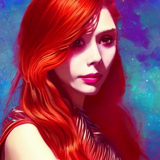 Prompt: Elizabeth olsen with red hair in 1970's fashion, in disco room, intricate, highly detailed, digital painting, artstation, official media, anime key visual, concept art, rich vivid colors, ambient lighting, sharp focus, illustration, art by Ayami Kojima and Greg rutkowski
