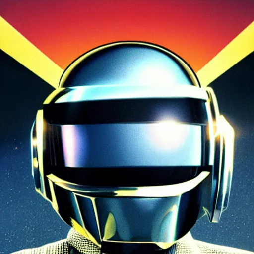 Prompt: Daft Punk standing above a spaceship in space, spaceship seen from far away, realistic, high quality