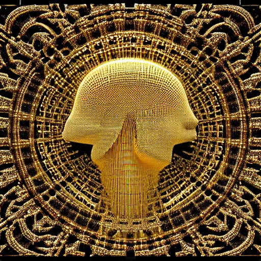 Prompt: a beautiful symmetrical being made of crystals,golden ornaments by alex gray and android jones, 3D, 8k resolution