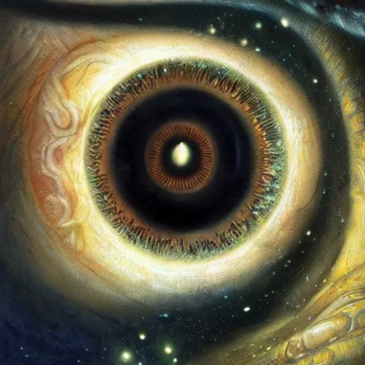 Prompt: low angle shot of a chicken eye with the galaxy in the iris by clive barker, intricate, elegant, highly detailed, centered, digital painting, artstation, concept art, smooth, sharp focus, illustration, artgerm, Tomasz Alen Kopera, Peter Mohrbacher donato giancola, Joseph Christian Leyendecker, WLOP, Boris Vallejo.